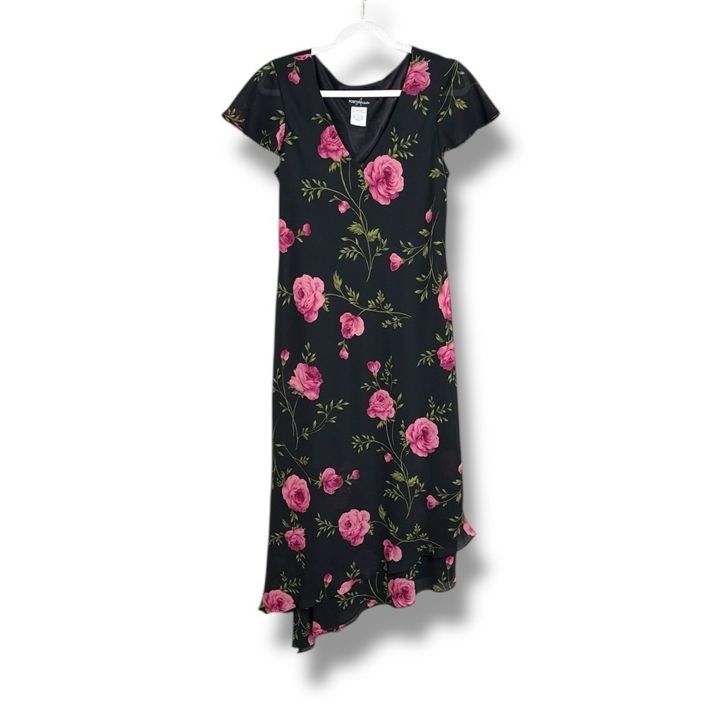 Y2K Positive Attitude Rose Floral Asymmetrical Hem Midi Dress Size 10 Tea Party